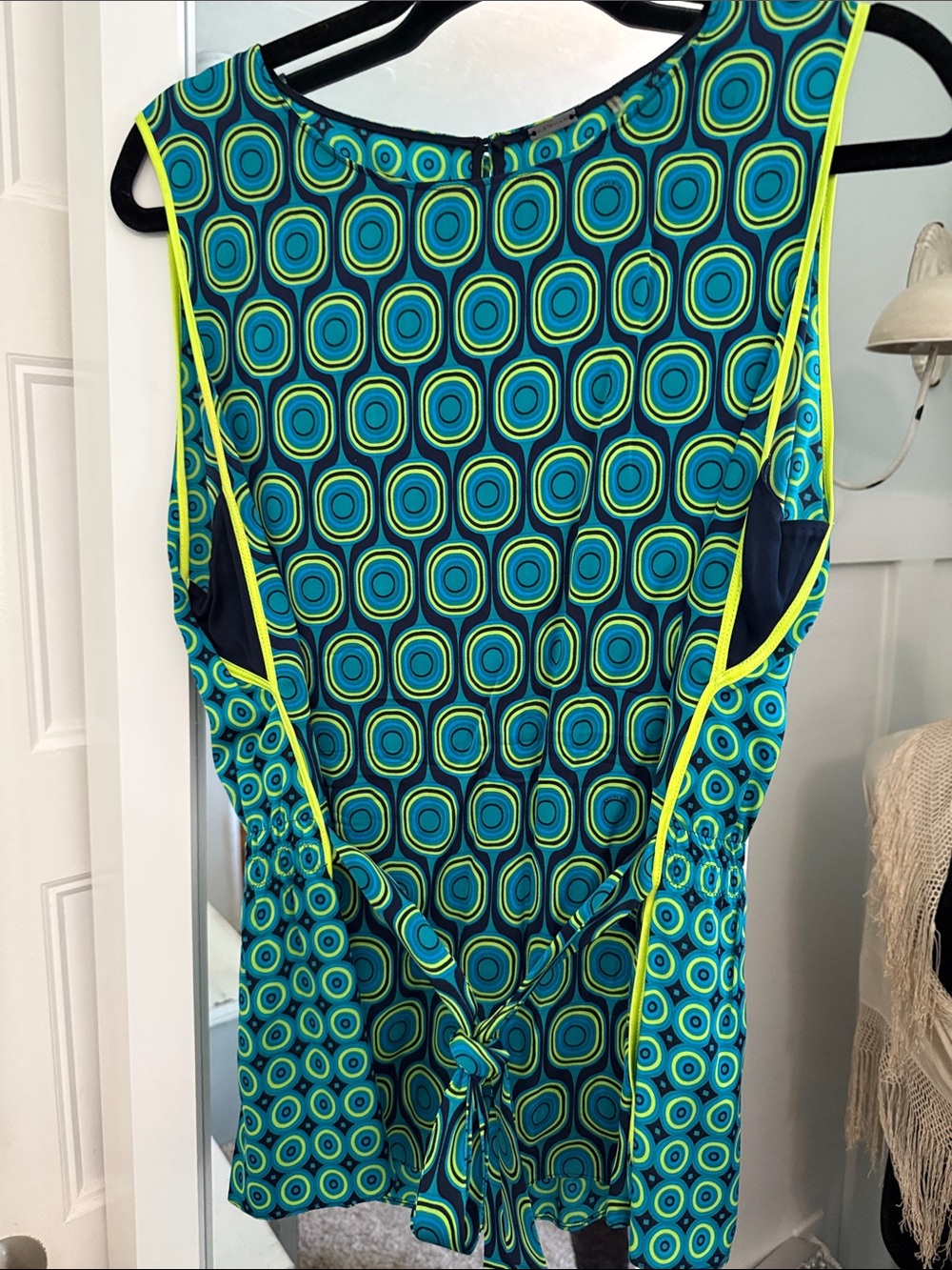 Elie Tahari Teal and Neon Yellow Geometric Sleeveless Blouse